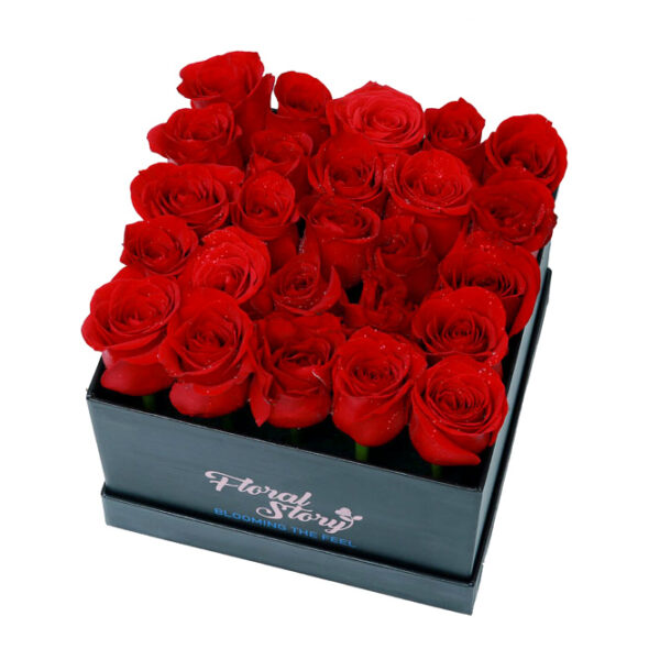 red roses in black box