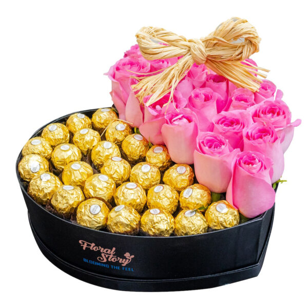 pink rose and chocolates in beautiful block diamond shape box