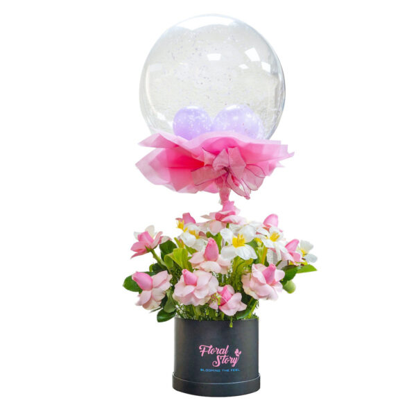 "flowers in box with ballon:"