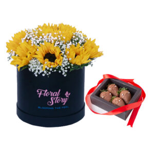 sunflower in black round box and chocolates