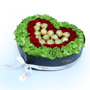 flowers and chocolate in heart box: gifts for anniversary: flowers for lovers