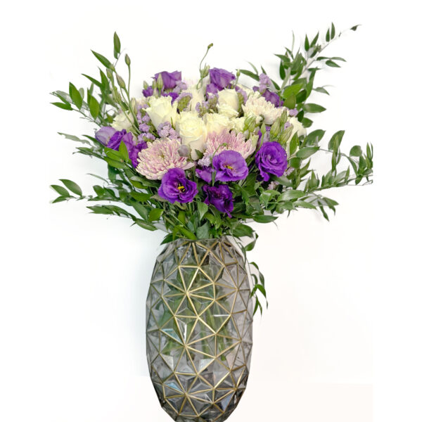white and purple rose vase