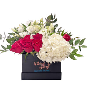 red roses and hydrangea box