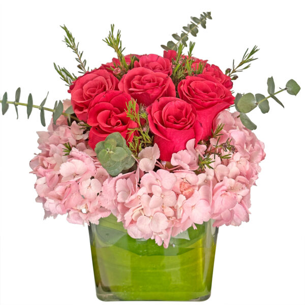 red roses and hydrangea in square vase