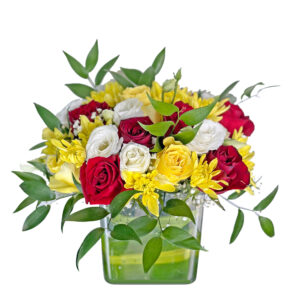 yellow and red rose mix in short square vase