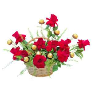 valentine basket of red rose flowers and chocolates