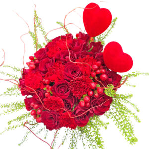 valentines hand bouquet of red flowers and balloons